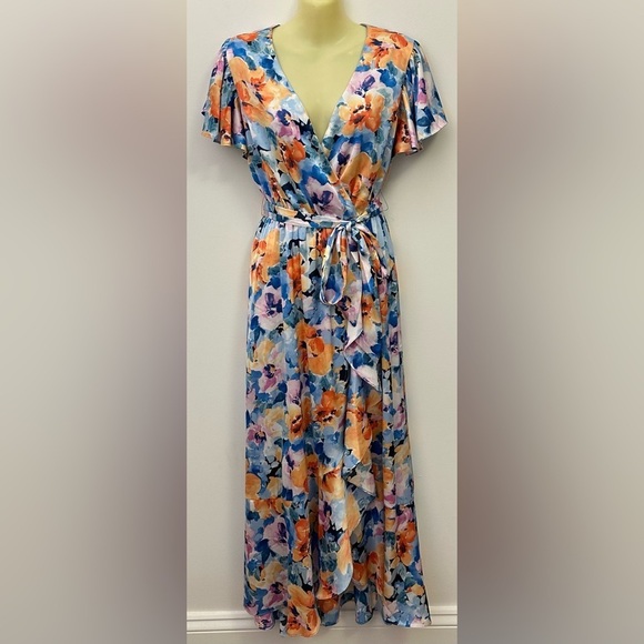 Nicole Miller Dresses & Skirts - Nicole Miller Blue and Orange Floral Ruffle Front Tiered Maxi Dress size S
